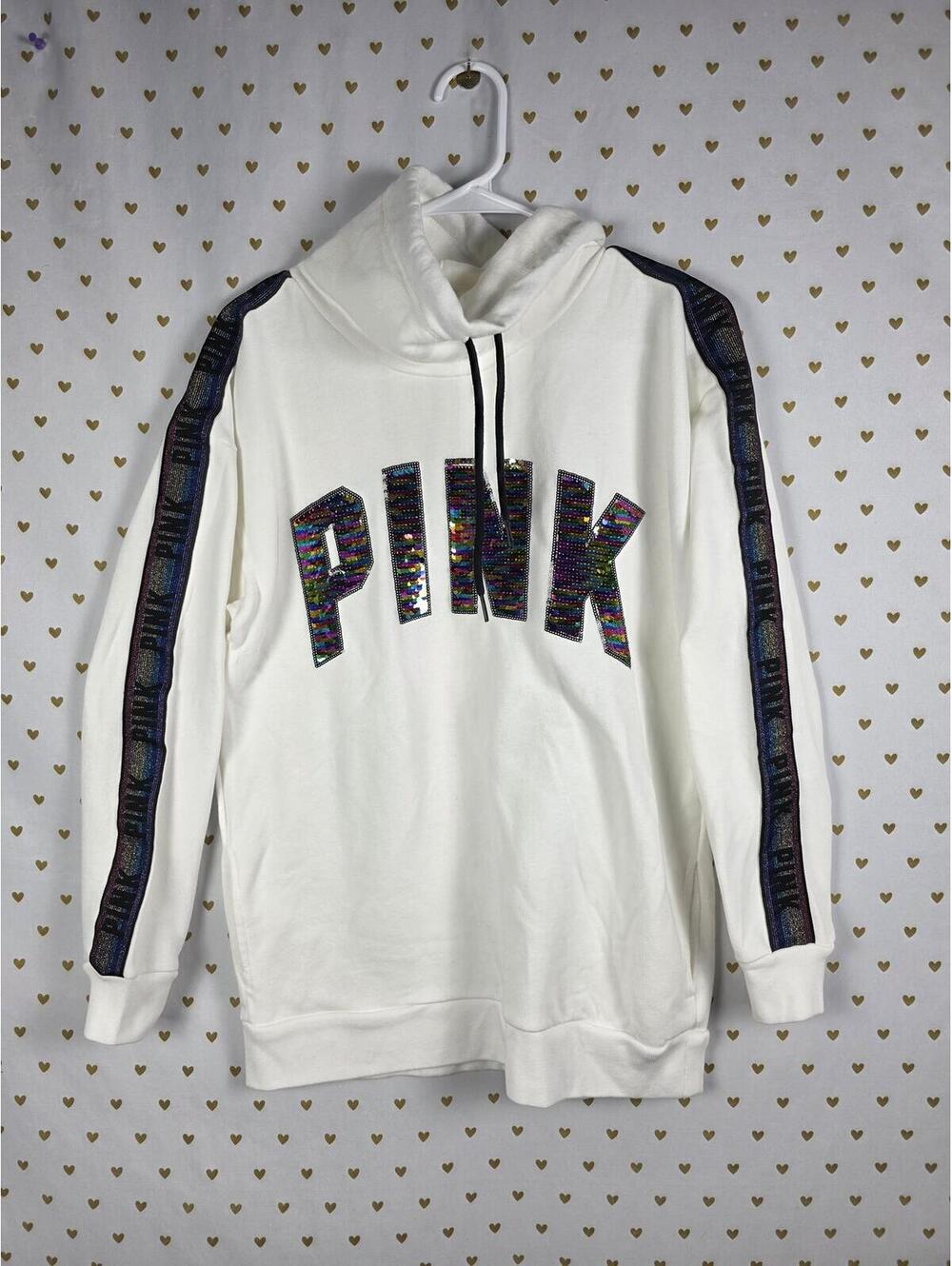 Victorias Secret Pink Rare RAINBOW BLING Glitter Sleeve Cowl Neck Sweater XS